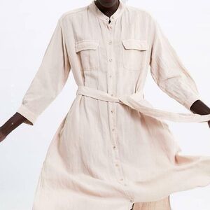 Zara  linen Cream Long Sleeve Shirt Dress